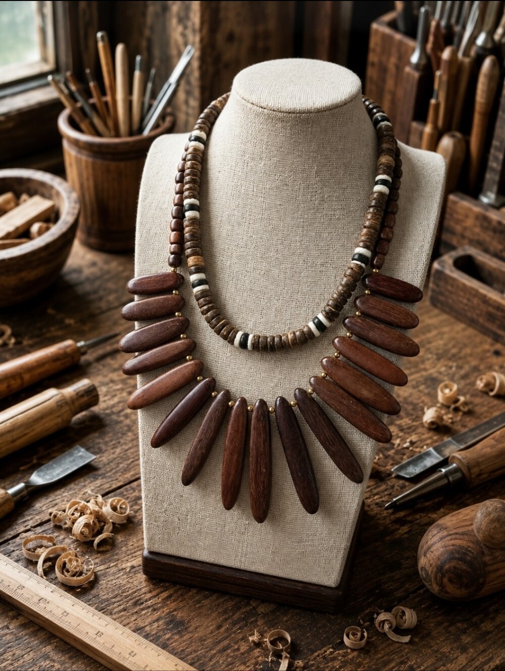 Natural Wood Wooden Vintage Necklace And Bohemian Short 2 For One Twofer